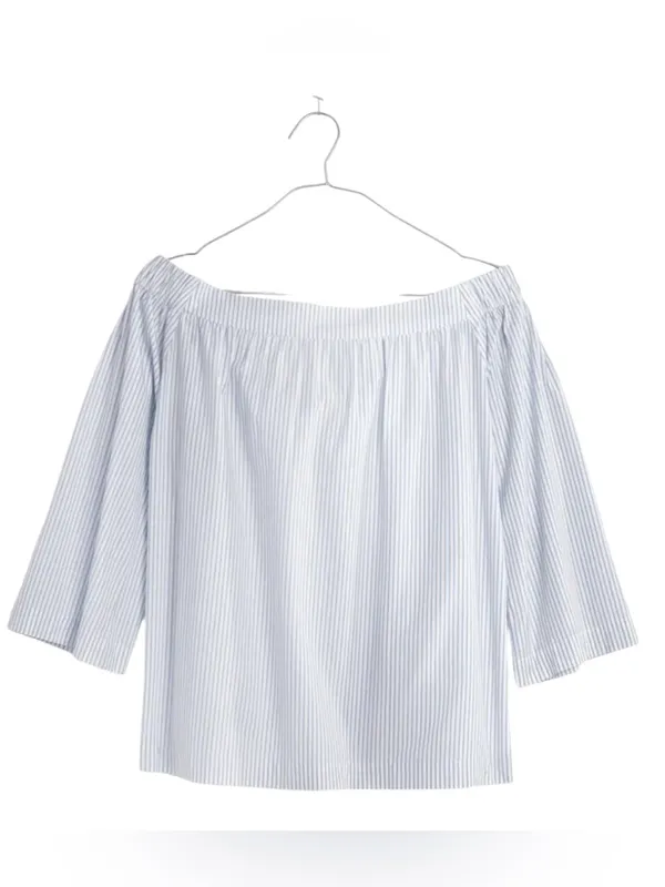 Madewell Coastal Nostalgia Summer Vac Blue Striped Off Shoulder 3/4 Sleeve Top S - Image 4