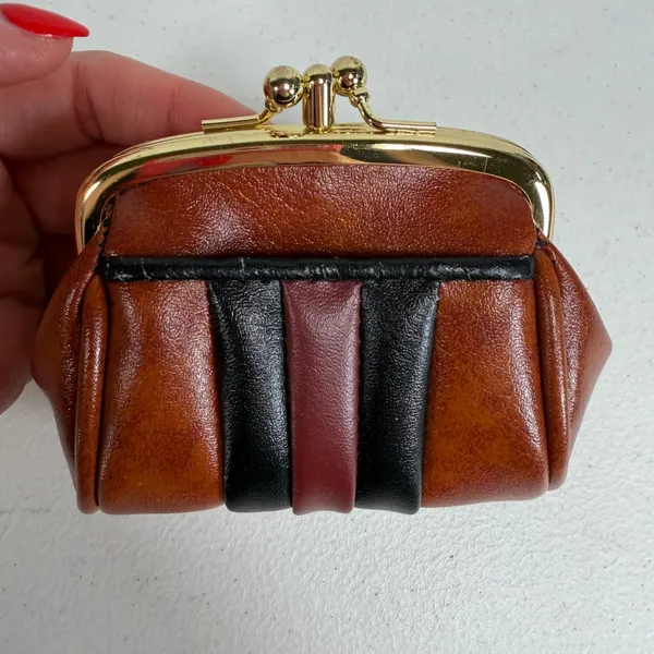 Vintage 70s Coin Purse Kiss Lock Coin Purse Pouch Striped Faux Leather Retro - Image 2