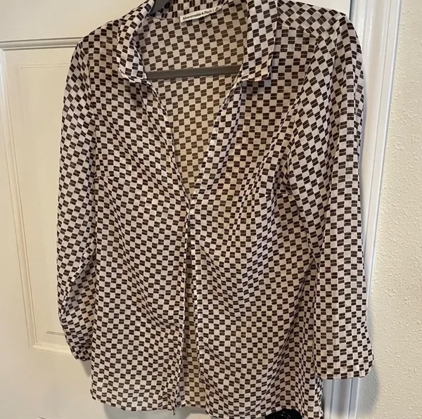 Abercrombie & Fitch Sheer Mesh Brown Checkered Blouse Long Sleeve Button Up Top - Image 5