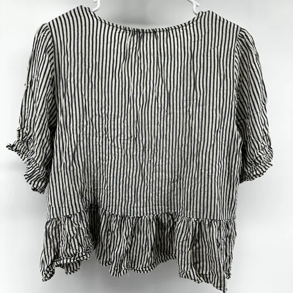 Madewell Courtyard Ruffle-Hem Blouse Top Striped V Neck Button Black White M - Image 6