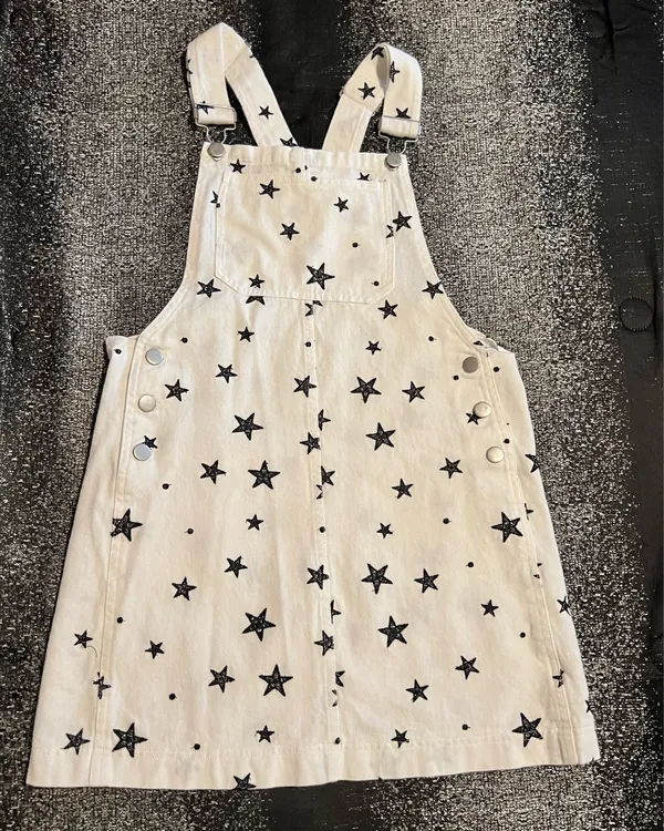 Womens small Storia White denim black star print pinafore/overall dress - Image 2