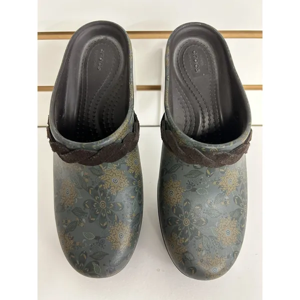 CROCS Dual Comfort Clog Slide Blue Brown Floral Womens Size 7 Heels Comfort Boho - Image 2