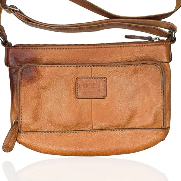 Vintage Fossil Brown Camel Tan Pebbled Leather Bag Crossbody Purse‎ Organizer - Image 2