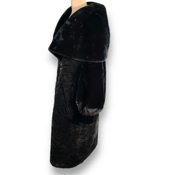 Vintage Faux Fur Zebra‎ Print Long Coat Oversized Collar Black Brown Small Glam - Image 4