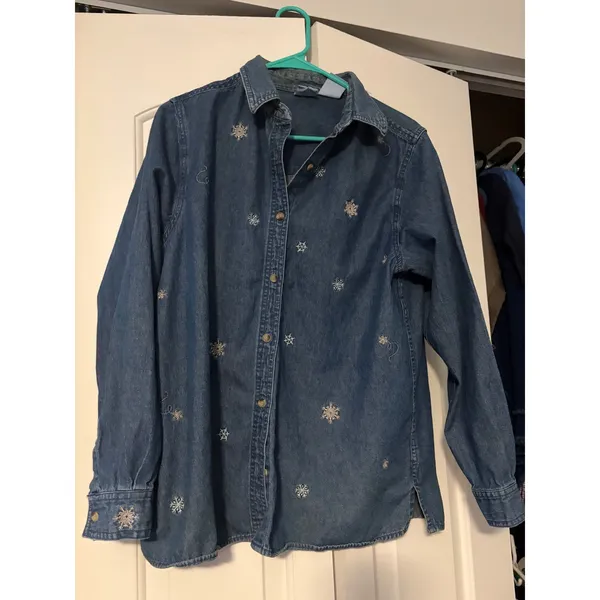 Womens Denim Long Sleeve‎ Shirt Snowflake Embroidery Blue Button Down Casual Top - Image 3