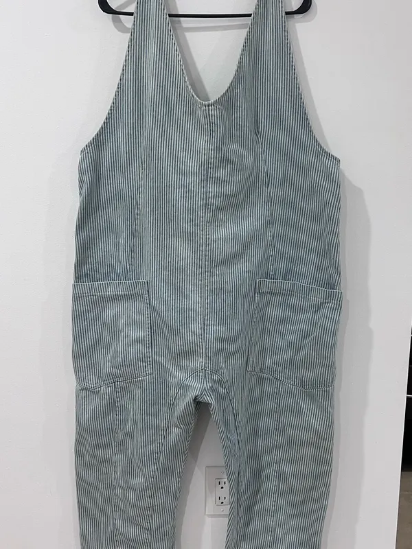 Free People Striped Denim Overalls XL Railroad Utility Workwear Baggy - Image 3