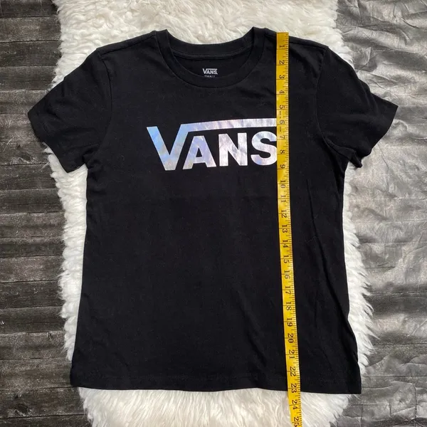 Vans Black Graphic Tee Short Sleeve Shirt Holographic Shiny Spell Out Logo - Image 7