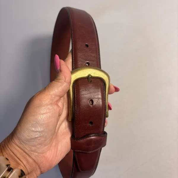 Vintage Lands End Brown Leather Belt Woman Size 28‎ Solid Brass Buckle USA - Image 4