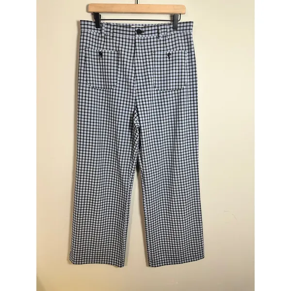& Other Stories Blue Plaid Kick Flare High Rise Patch Pocket Trousers Size 12 - Image 5