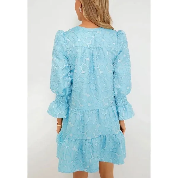 Pomander Place Blue Floral Jacquard Kenzo Tiered Mini Babydoll Dress‎ Medium NEW - Image 2