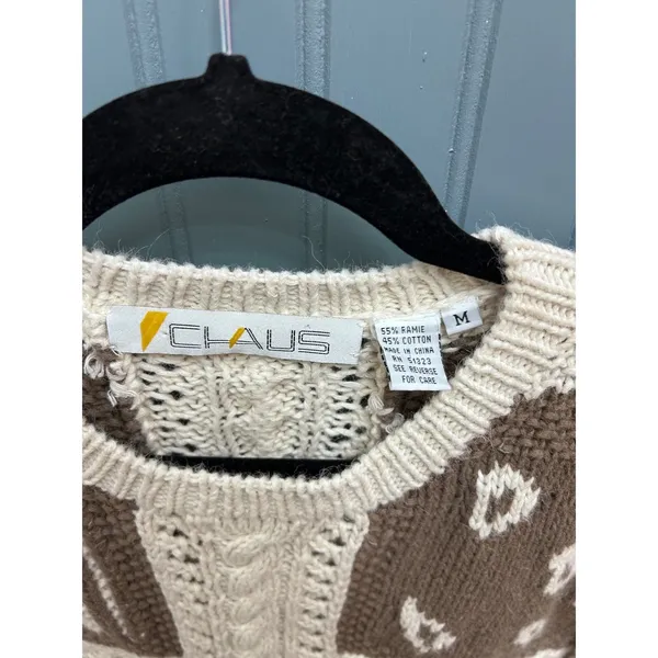 CHAUS Women's Size M Patchwork Knit Sweater Cream‎ Brown Cable Knit - Image 3