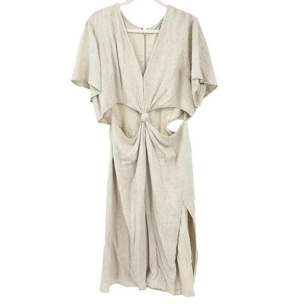 Abercrombie & Fitch Womens Boho Beach‎ Linen Blend Knotted Cutout Midi Dress XLT - Image 2