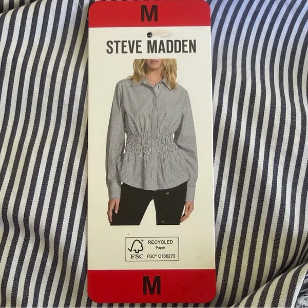 NEW Steve Madden Smock Waist Stripe Button Up 100% Cotton Longsleeve Top, Size M - Image 14