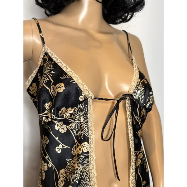 Victoria’s Secret Black Gold Floral Satin Open-Front lace trimTop Slip dress Sp - Image 10