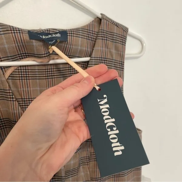 NEW NWT MODCLOTH Plaid Appeal Vest Jumpsuit Tan Brown Blue Sleeveless Retro 70s - Image 8