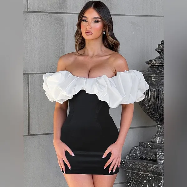 BABYBoo Off-Shoulder Black & White Ruffle Mini Dress S - Image 4