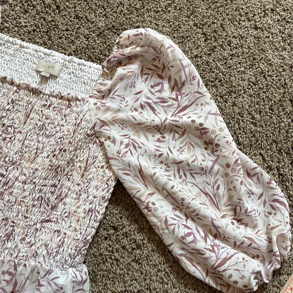 Loft Outlet Pink & White Floral Smocked Midi Dress With Puff Sleeves Sz Medium - Image 7
