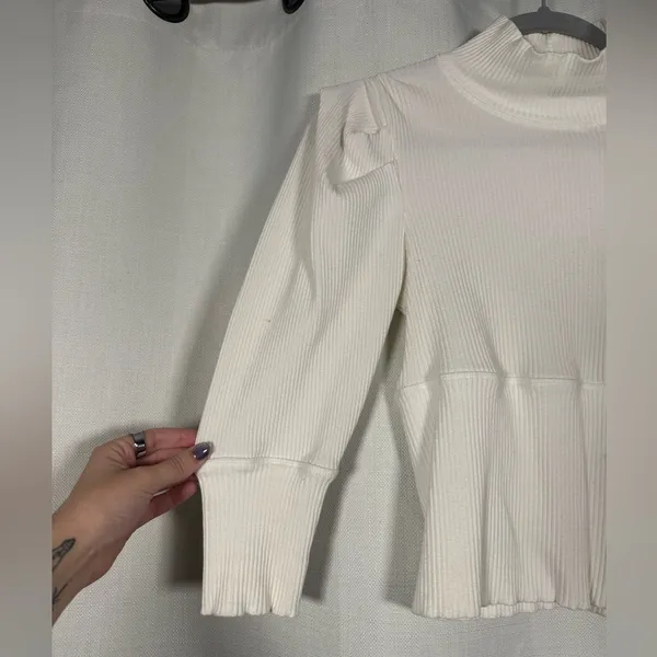 Free People Lala Puff Sleeve Ribbed White Cropped Top Size Large - Image 5