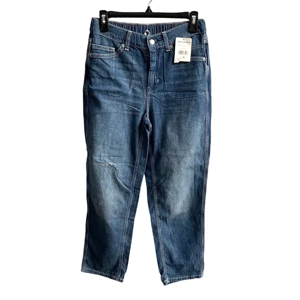 Free People Chloe Baby Barrel Jeans‎ Women XS Blue Boho Elastic Back Distress - Image 4
