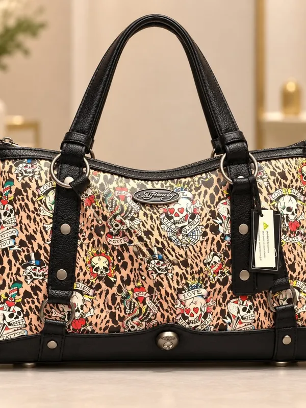 Ed Hardy Leopard Tattoo Skull Rhinestone Satchel Crossbody NWT - Image 2