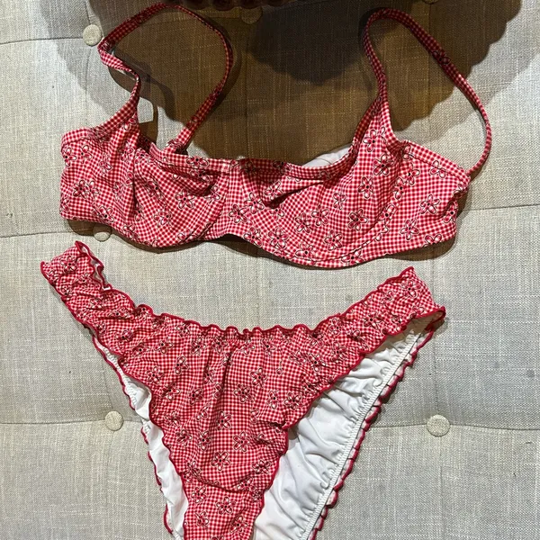 PINK By Frankies Bikinis Red Checkered Bikini Floral Bikini Top + Bottom Set - Image 6