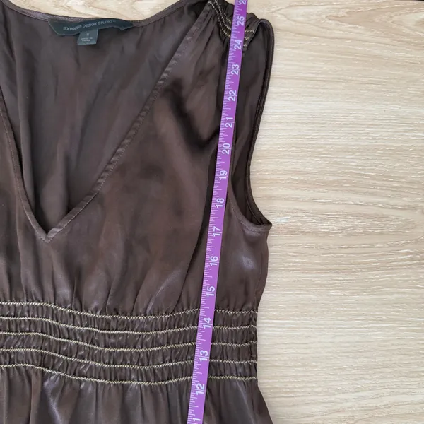 Express‎ Y2K Small Silk Blouse Peplum Babydoll Office Goblin Cinch Waist Brown - Image 6