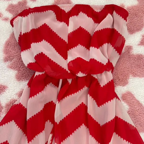 Red & White Chevron Strapless High-Low Dress 💋 Flowy Chiffon Summer Babe Mini Maxi | Size S - Image 3