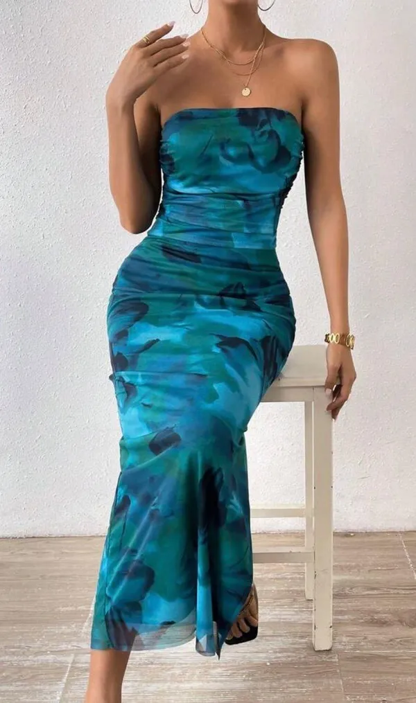 Mesh Strapless Maxi Dress Slit Side Bodycon Long Dress Size Small - Image 4
