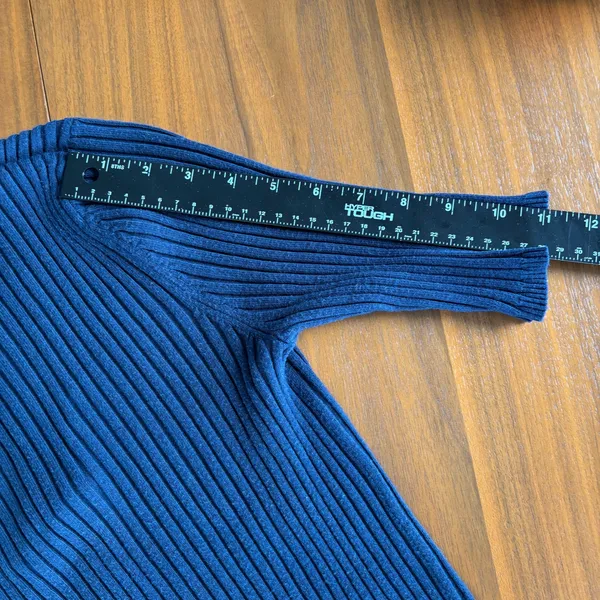 George Ribbed Knit V Neck Top L Dark Blue Short Sleeve Office Chic Fall Capsule - Image 5