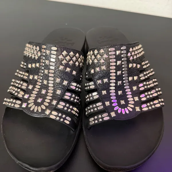 Colleen Cordero Silver Studded Slide Sandals Womens 9 Black Leather Slip On Flat - Image 7