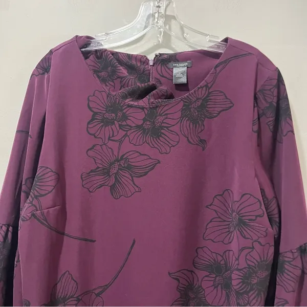 Ann Taylor Factory Purple Shift Dress Size 14 Long Balloon Sleeves Flowers‎ - Image 4