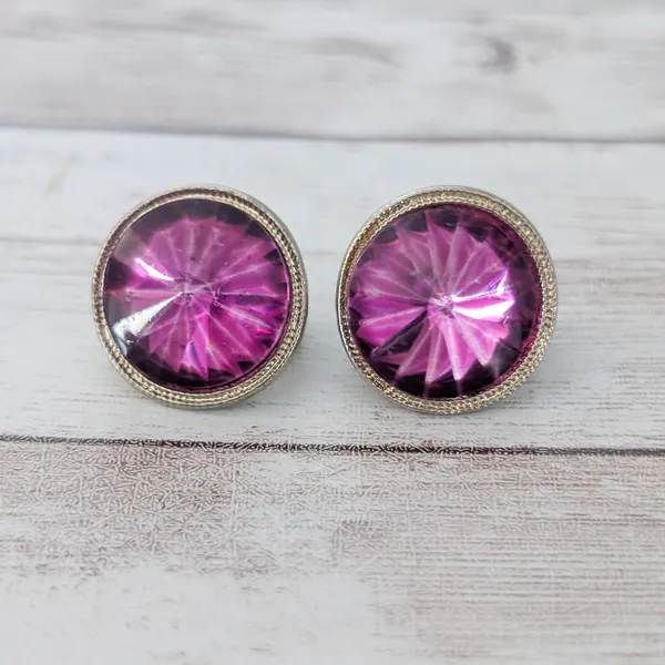 Vintage Clip On Earrings 7/8" Pink Gem with Halo Statement - Image 2
