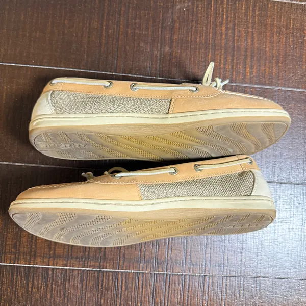Sperry Top-Sider Firefish Boat Shoes Women 9M Tan Leather Linen Nautical Loafers - Image 4