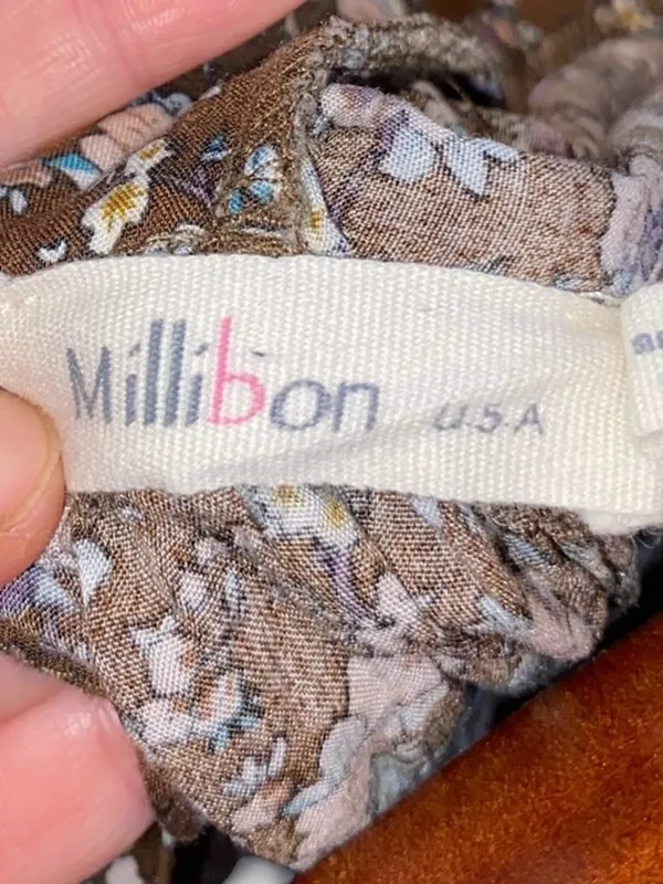 Millibon Brown Floral V-Neck Puff Sleeve mini cottagecore summer day Dress - Image 9