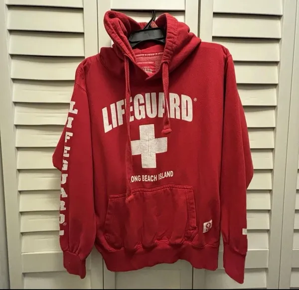 Lifeguard Hoodie Red Sweatshirt Small Coastal Long Island Beach Y2K Surfer - Image 3