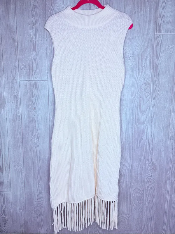 Nwt cider white / cream sleeveless high neck frindge bottom dress xl - Image 3