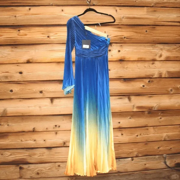MAC DUGGAL 49903 Blue Ombre Pleated Charmeuse One-Shoulder Gown Dress 4 Flaws - Image 10