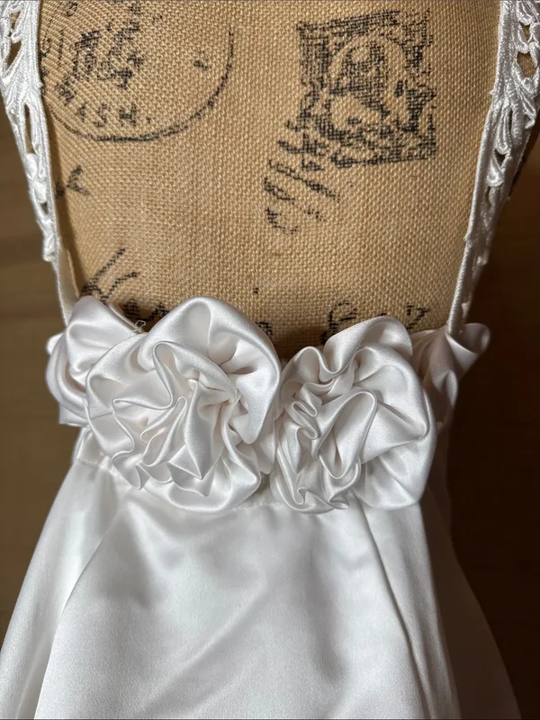 Vintage Jessica McClintock Bridal Gown White Satin Lace Neckline Train Size 6 - Image 11