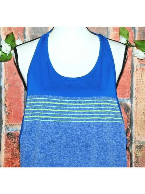 Nike Dri-FIT Womens Large Racerback Tank Top Blue Volt Green Striped Running - Image 4