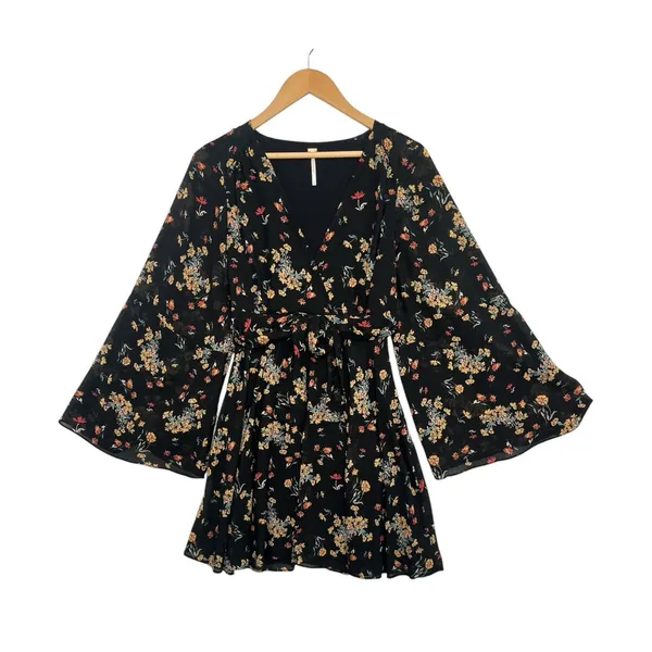 Free People Lilou Mini Dress Womens Medium Black Floral Kimono Boho Flowy - Image 2