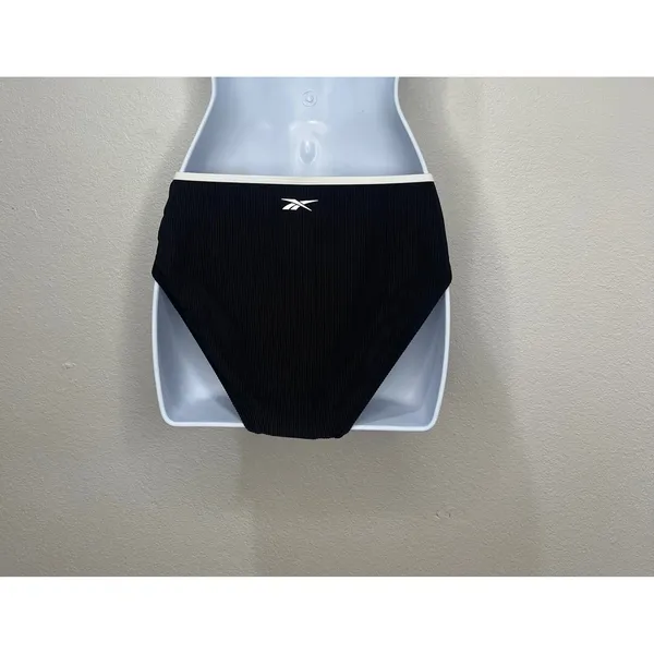 Reebok Womens Ribbed Bikini Bottom Black White High Leg Sporty Swim Size‎ L NEW - Image 4