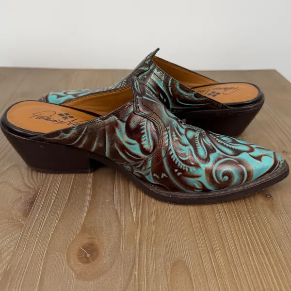 Patricia‎ Nash Turquoise Brown Tooling Leather Mule Pointed Toe Western Shoes 6 - Image 3