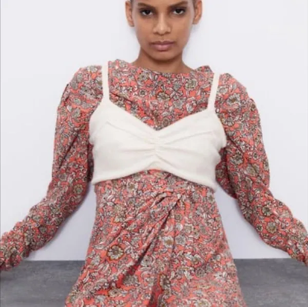 Zara FLORAL PRINTED DRAPED MIDI Flowy DRESS Long Sleeve Puff Shoulders Sz XS NEW - Image 14