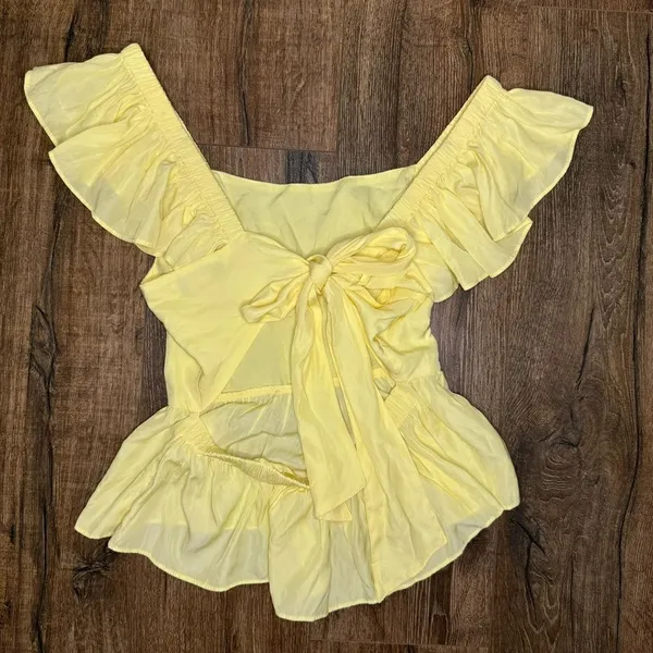 Flying Tomato Yellow Ruffle Sleeve Open Tie Back Peplum Blouse Top - Image 2
