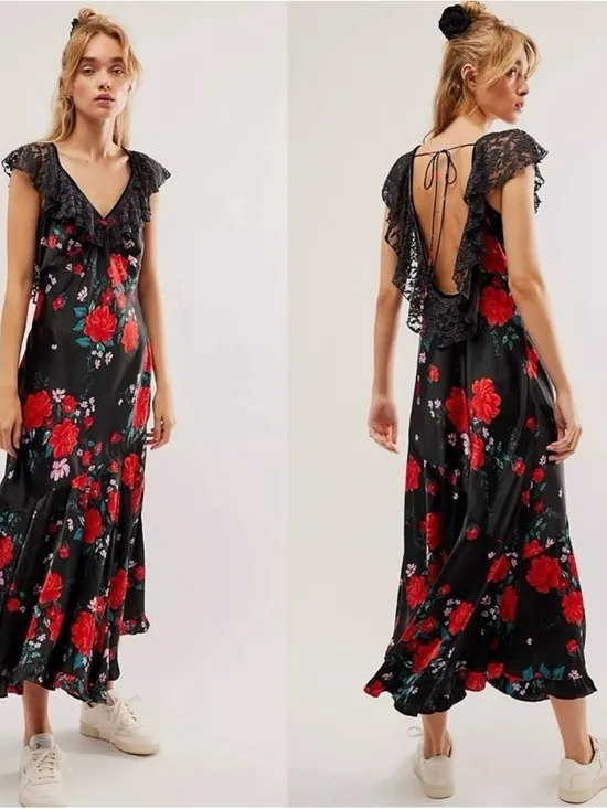 Free People Warm‎ Hearts Satin Midi Dress Size XS Lace Floral Dainty Romantic - Image 2