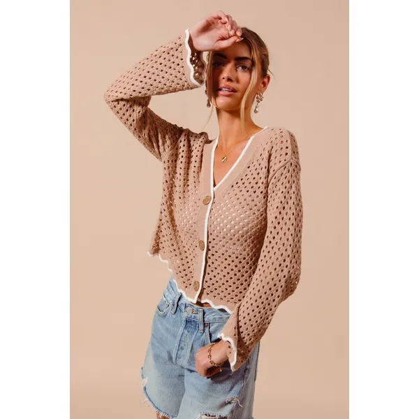 SO‎ ME Open Knit Light Weight Sweater Cardigan With Contrast Wavy Scallop Edge L - Image 8