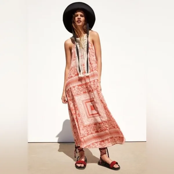 ZARA Macrame Bohemian Festival Lightweight Lined‎ Maxi Dress Size Medium / Large - Image 2