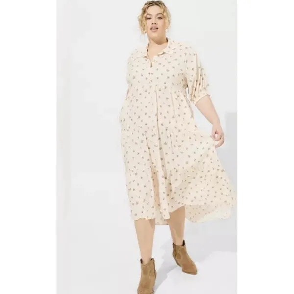 Torrid Cream Floral Button Challis Tiered Hi-Low Relaxed Maxi Dress‎ Women's 2X - Image 2