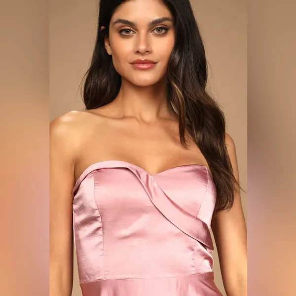 Lulus Maxi Dress Real Romantic Light Rose Pink Satin Strapless Flowy Size S - Image 3