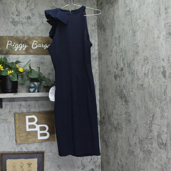Betsy & Adam Womens Ruffled Halter Velvet-Trim Sheath Dress A26692 Navy Blue 14 - Image 2